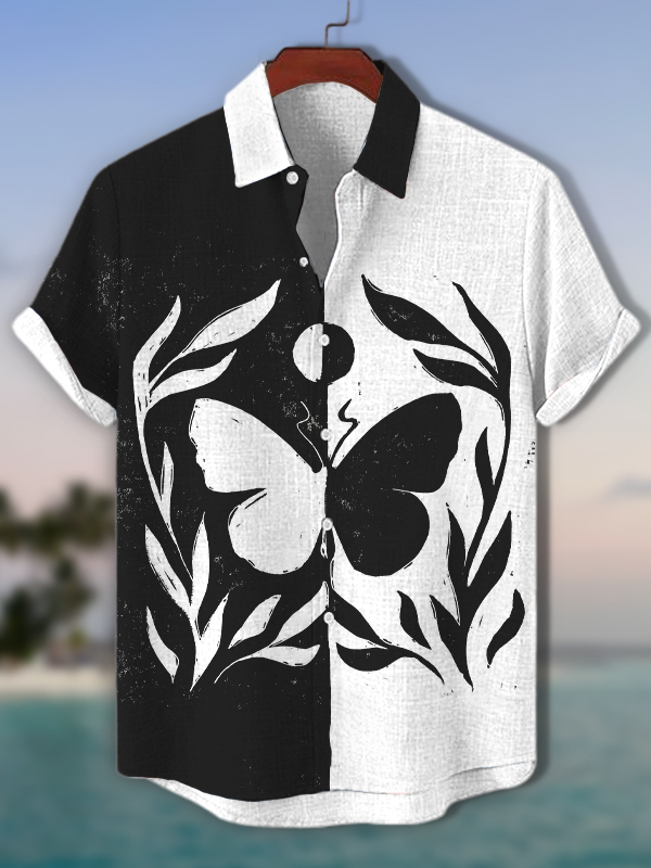 Men's Vintage Black White Color Block Butterfly Plant Art Print Shirt
