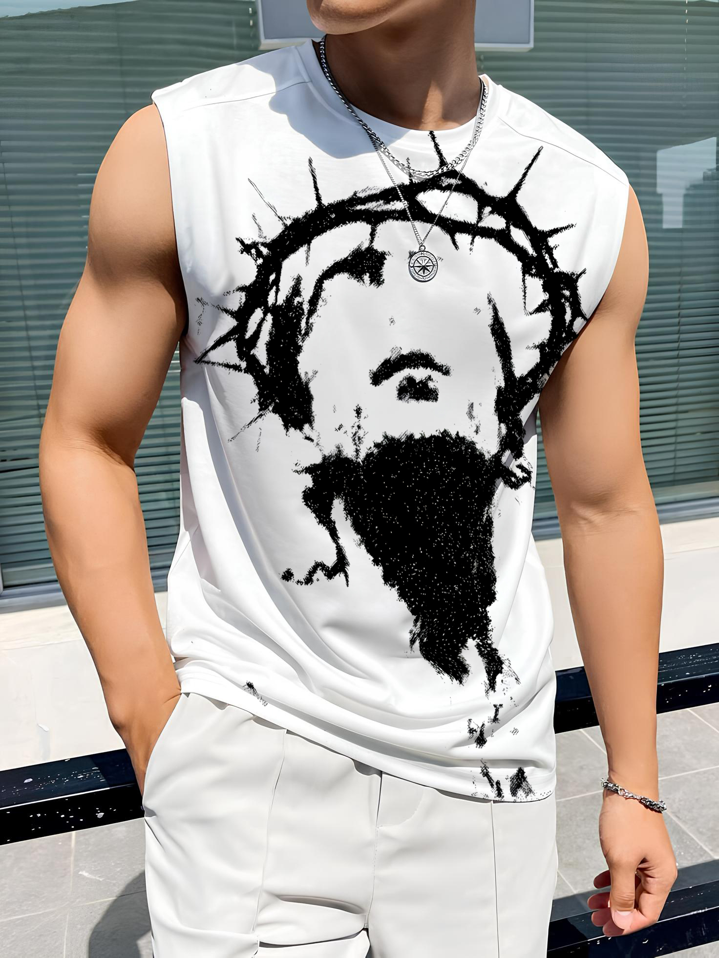 Men's Jesus Crown Of Thorns Print Cotton Tank Top
