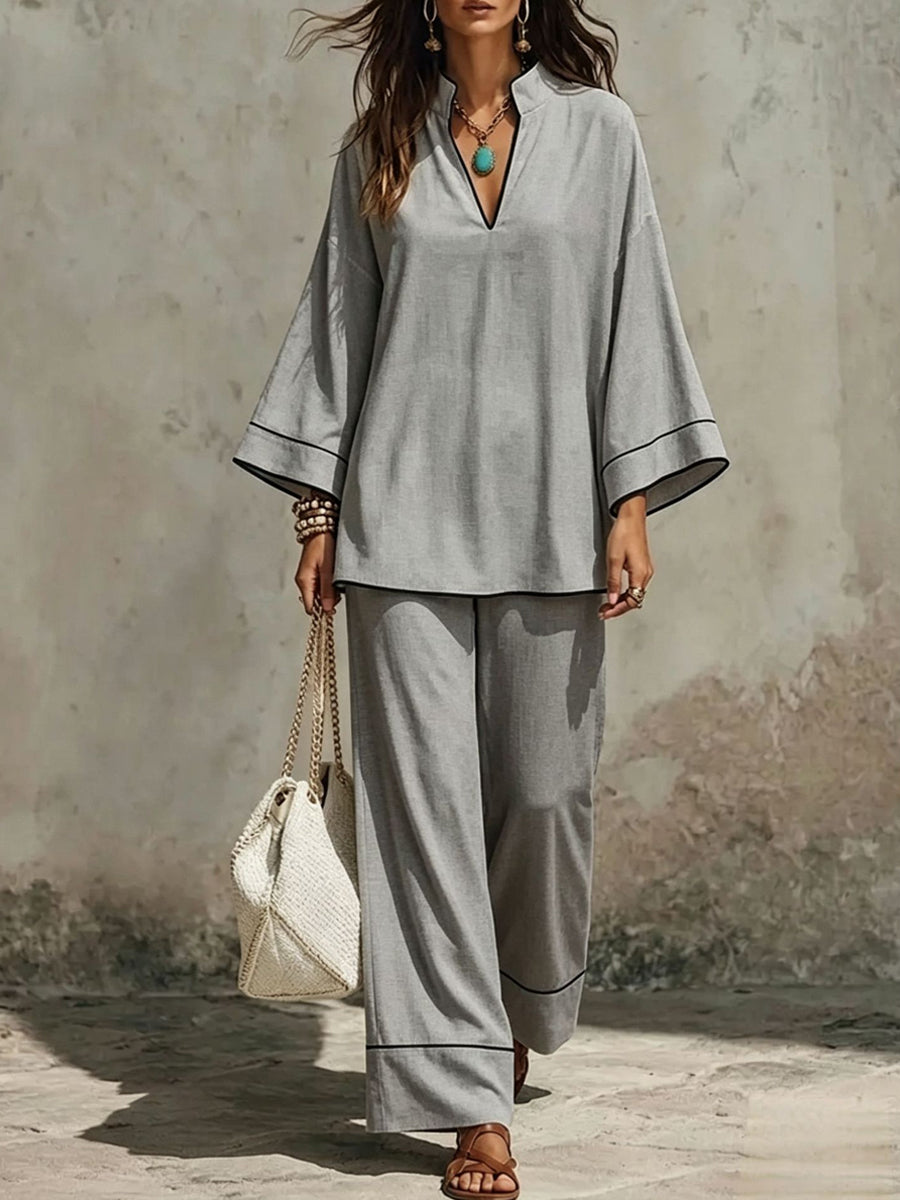 Women's Elegant V-Neck Flared-Sleeve Top and Pants Set