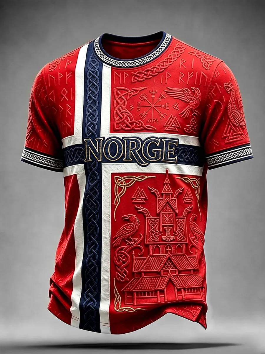 Men's 3D Embossed Norge Norway Viking Rune Raven Cross Nordic Culture Art Print T-Shirt