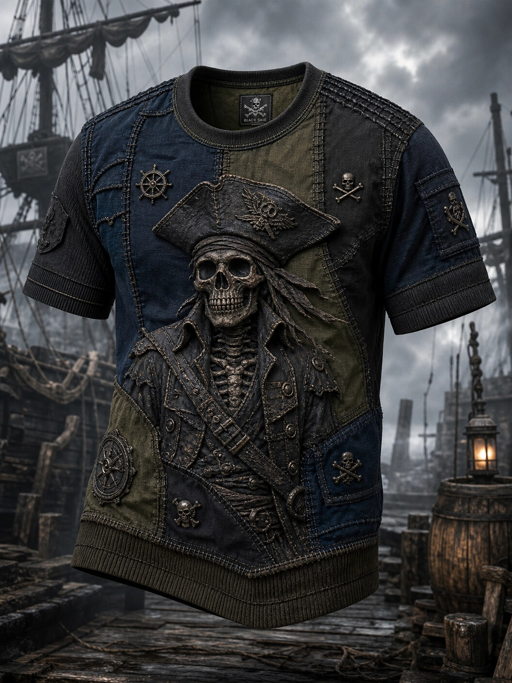 Men's 3D Pirate Skeleton Patchwork Art Print T-Shirt