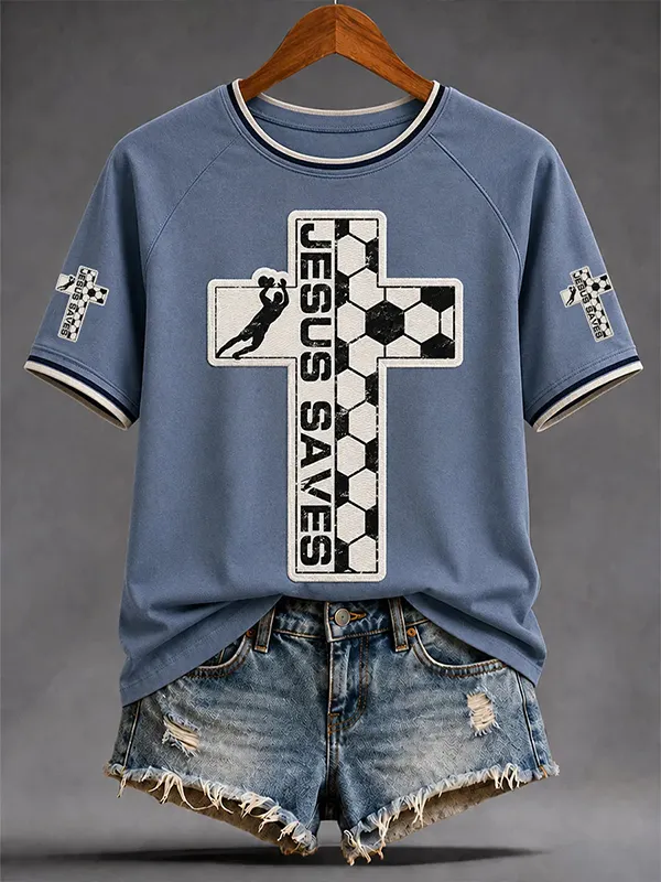 Women's JESUS SAVES Soccer Cross Art Print Casual T-Shirt