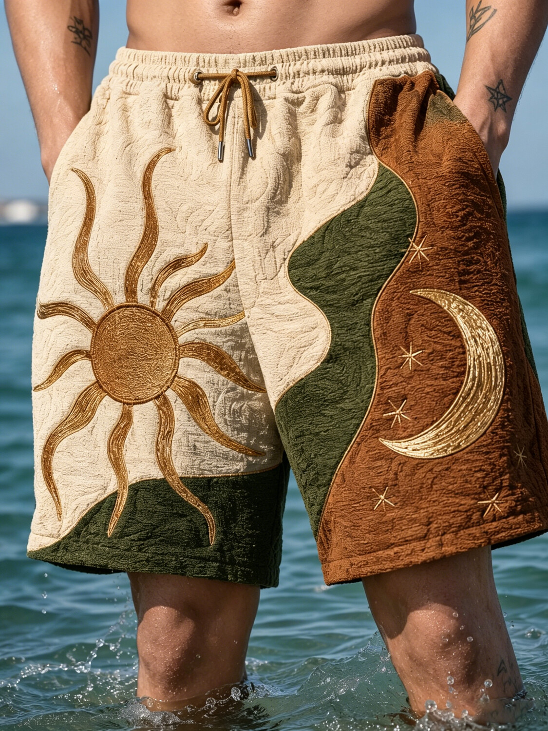 Men's Colorblock Mysterious Sun and Moon Print Casual Shorts
