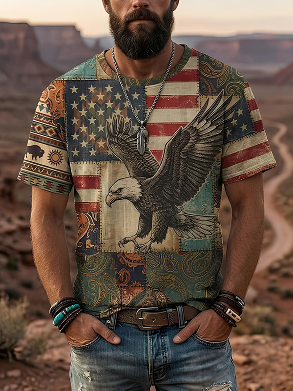 Men's American Flag Bald Eagle Western Aztec Paisley Print T-Shirt