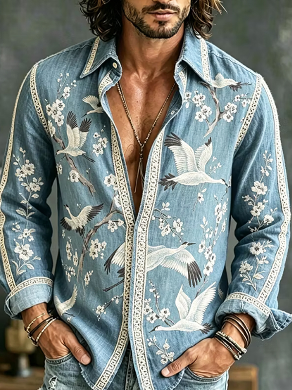Men's Red-Crowned Crane Cherry Blossom Print Long Sleeve Shirt