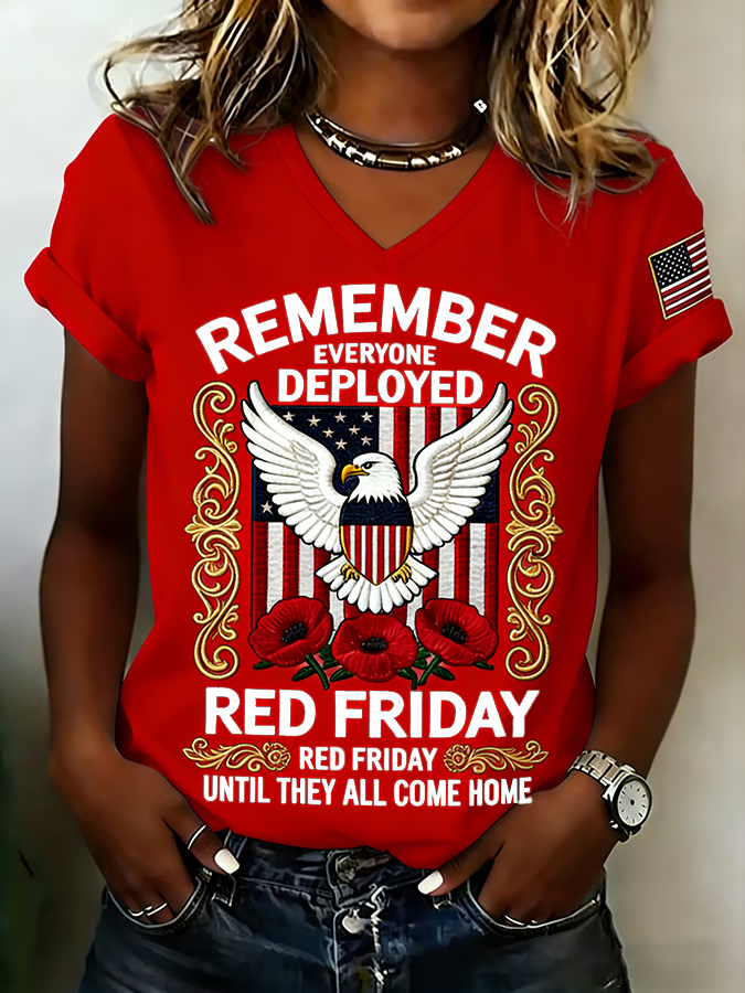 Women's Red Friday Independence Day Eagle Art Print V Neck T-Shirt