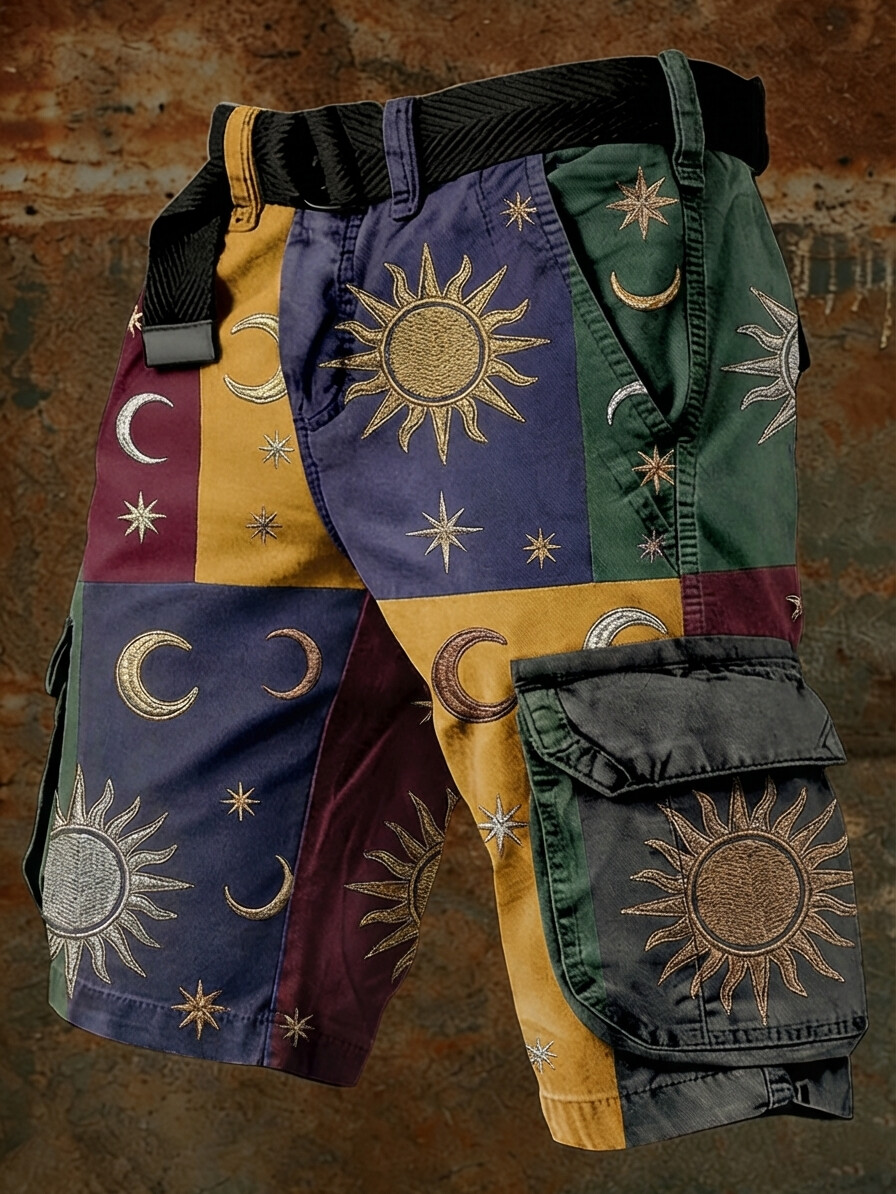 Men's Colorblock Hippie Sun Moon Graphic Print Denim-Like Cargo Shorts