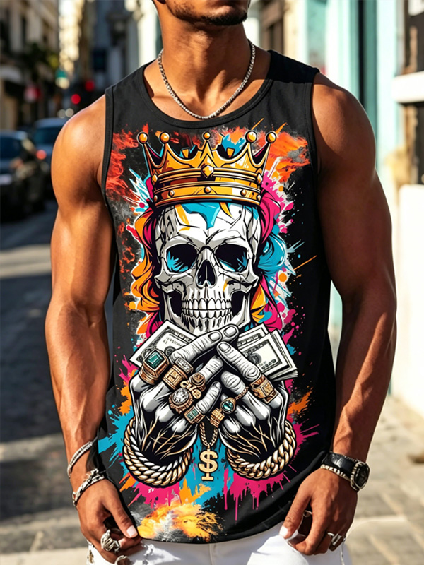 Men's King Skull Graffiti Money & Crown Art Print Tank Top