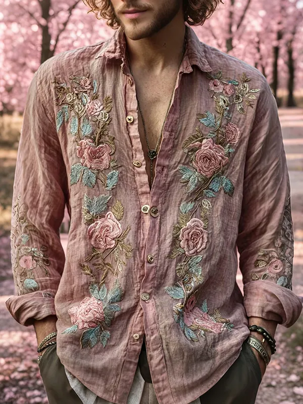 Men's Artistic Floral Retro Print Long Sleeve Shirt