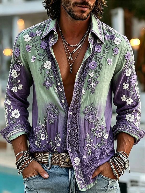 Men's Green Purple Gradient Floral Art Print Long Sleeve Shirt