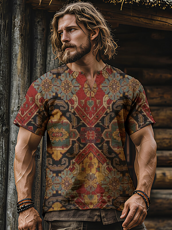 Men's Retro Floral Ethnic Art Print V Neck T-Shirt