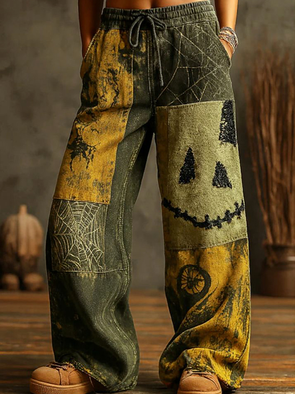 Women's Dark Ghost Face Spider Web Print Casual Pants