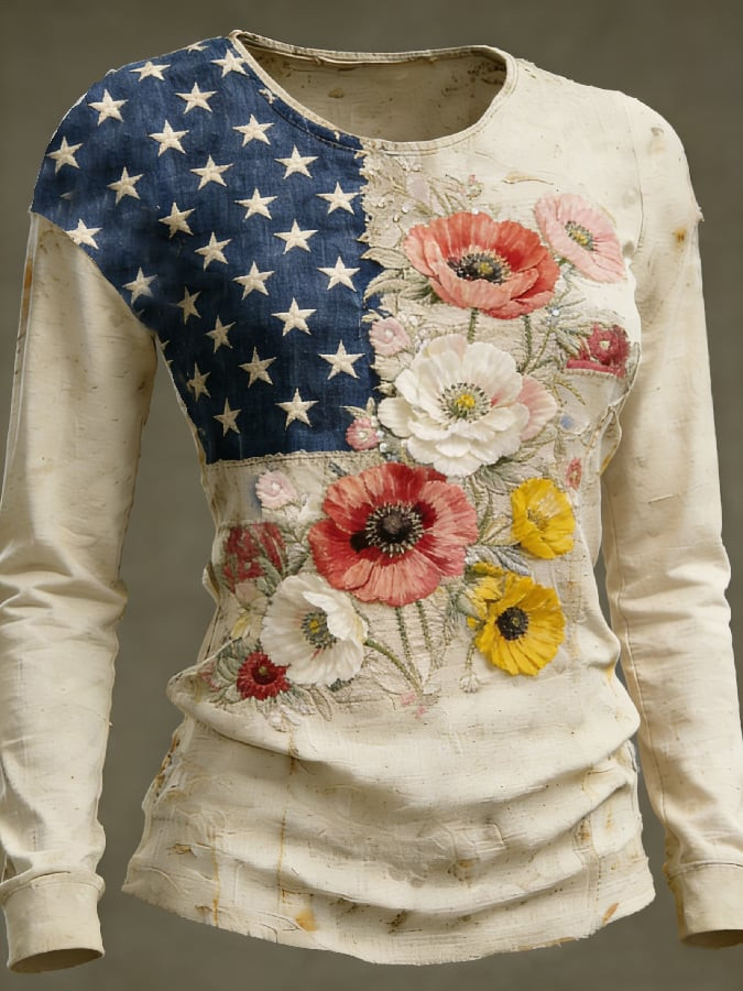 Women's American Flag Floral Print Long Sleeve T-Shirt