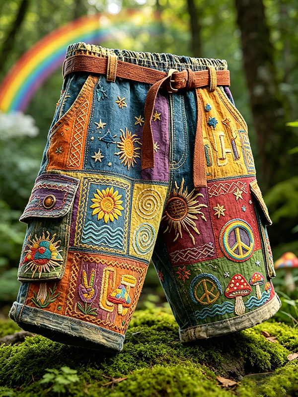 Men's Hippie Sun & Peace Sign Patchwork Art Print Casual Shorts