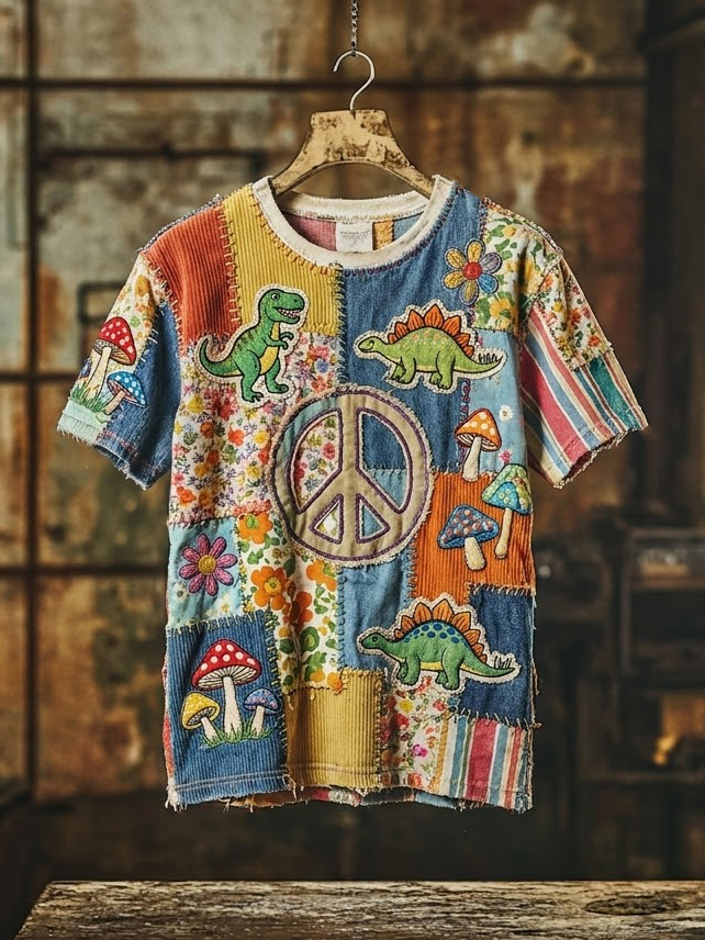 Men's Patchwork Art Dinosaur Ditsy Floral Peace Print Casual T-Shirt