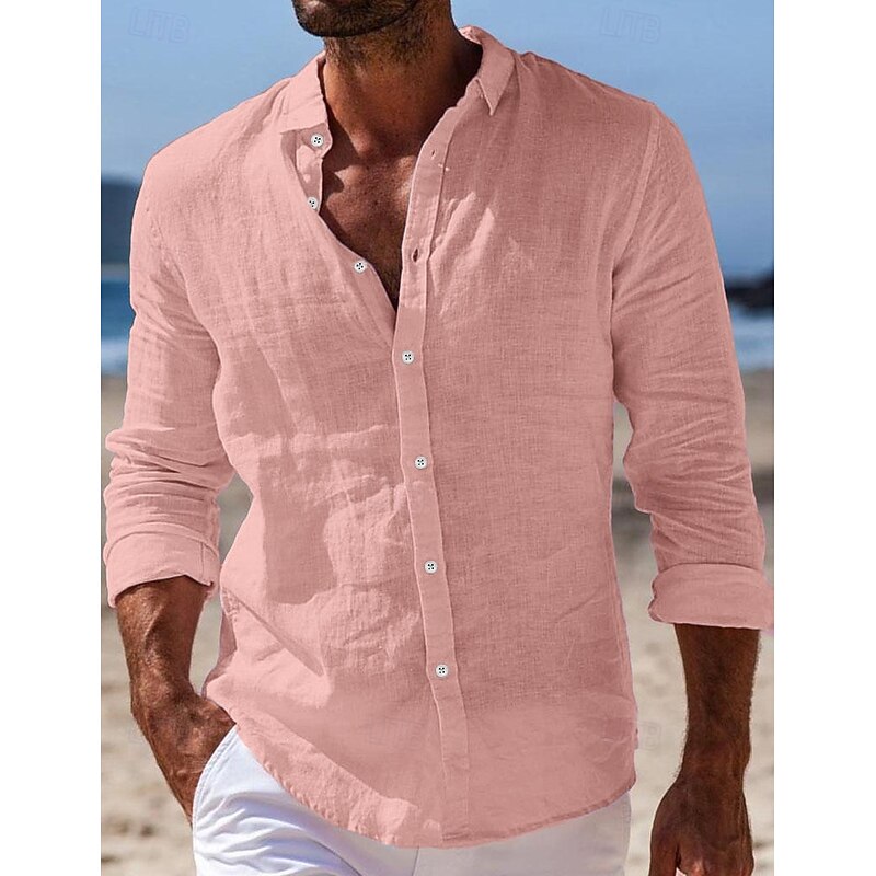 Men's Linen Button-Up Shirt - Summer Beach Casual Shirt