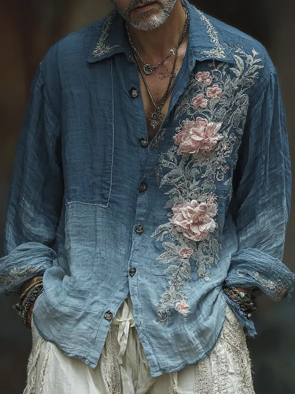 Men's Gradient Retro Floral Art Print Long Sleeve Shirt