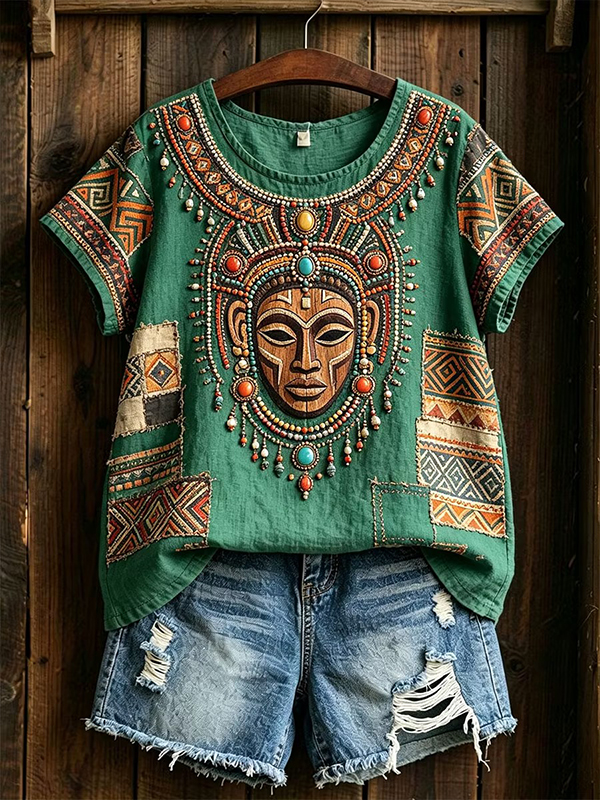 Women's African Tribal Mask Ethnic Geometric Pattern Casual T-Shirt