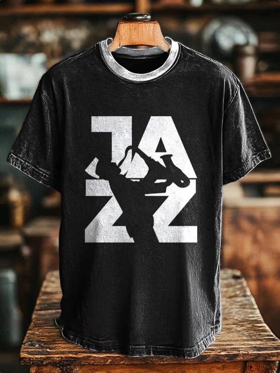 Men's Vintage Jazz Music Saxophone Silhouette Print Cotton Casual T-Shirt