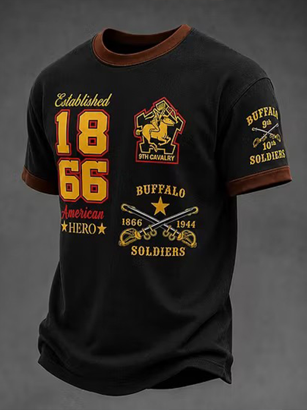 Men's Retro Nostalgic Buffalo Soldier Western Style Art Print Casual T-Shirt