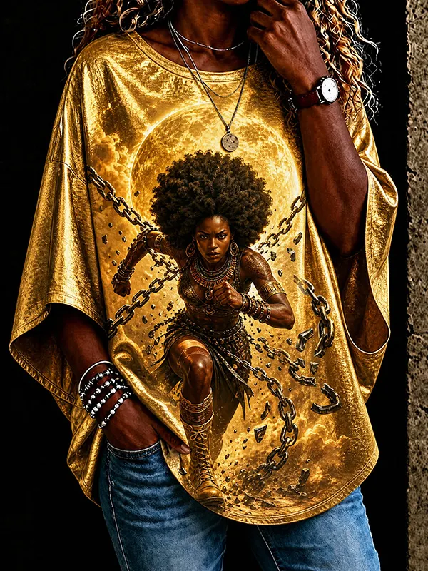 Women's Full Moon Broken Chain African Warrior Art Print Casual T-Shirt