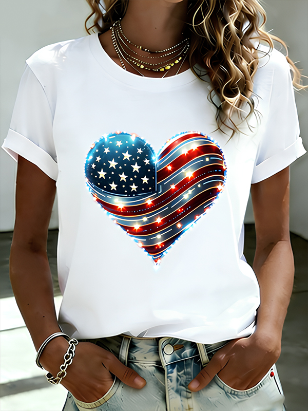 Women's Heart Graphic American Flag Pattern Casual T-Shirt