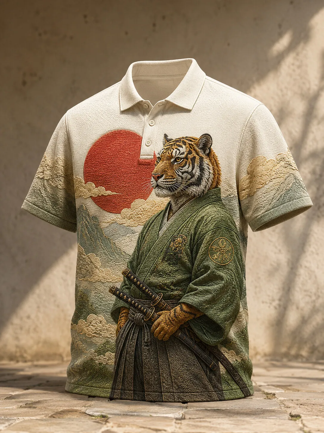 Men's Samurai Tiger Red Sun Mountain Cloud Ukiyo-e Print Polo Shirt