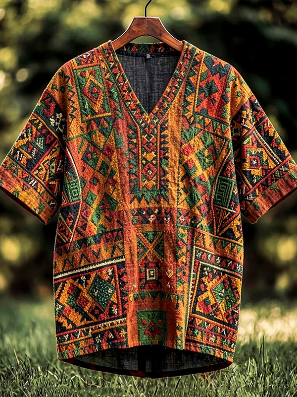 Men's Classic Ethnic Geometric Patterns Art Print V Neck T-Shirt