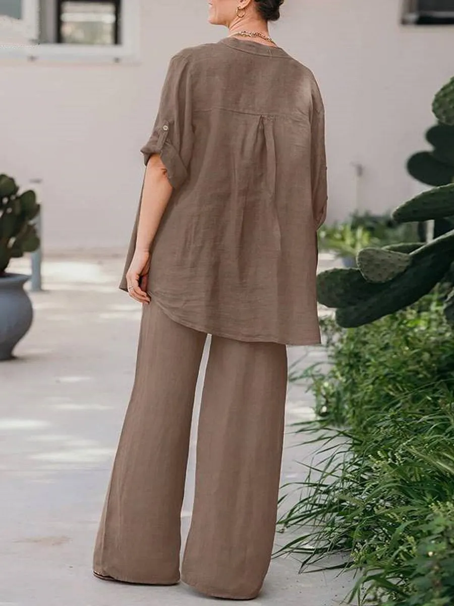 Women's Spring Solid Color Long- Sleeve Shirt and Pants Two Piece Set