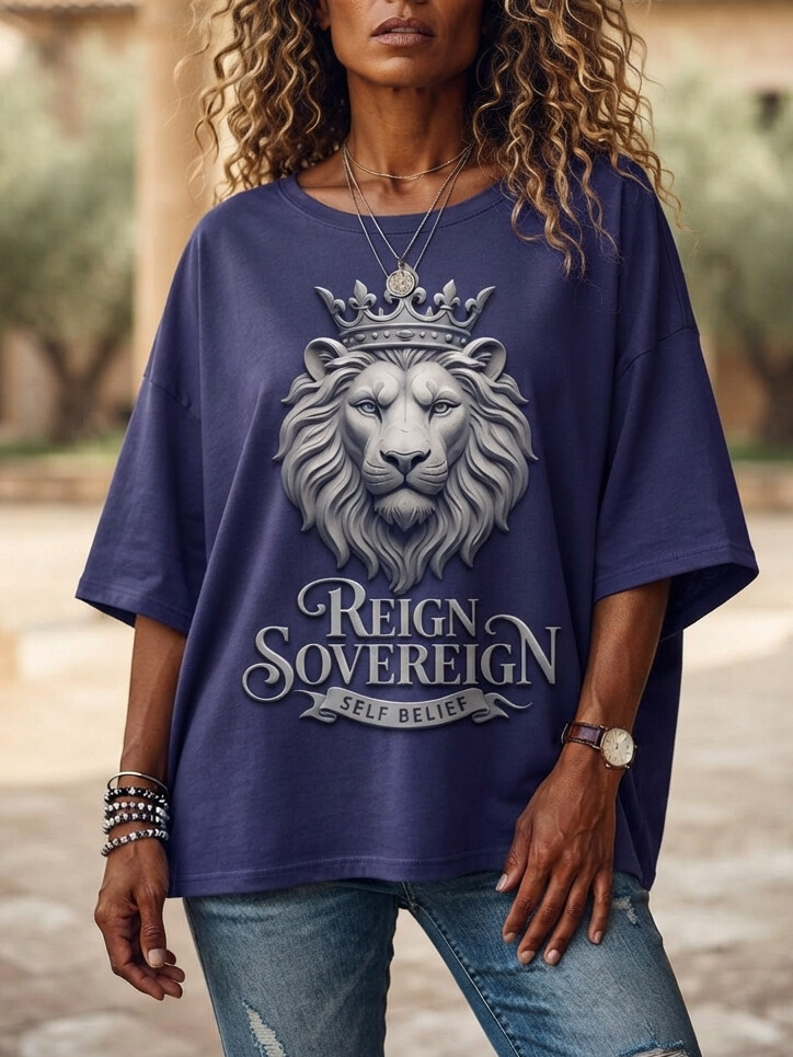 Women's Crown Lion Reign Sovereign Self Belief Art Print Casual T-Shirt