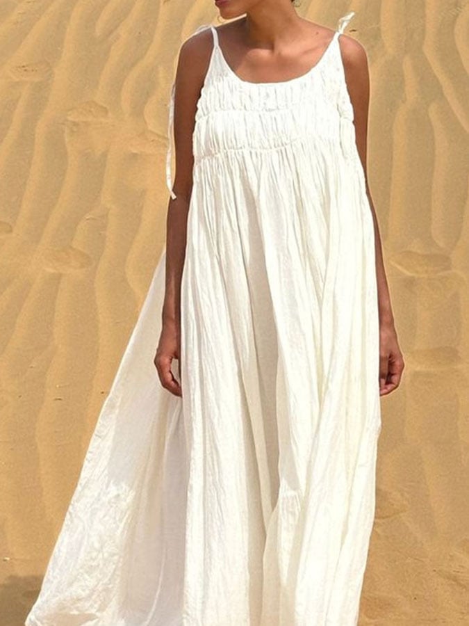 Women's Casual Solid Color Suspender Shirred Dress