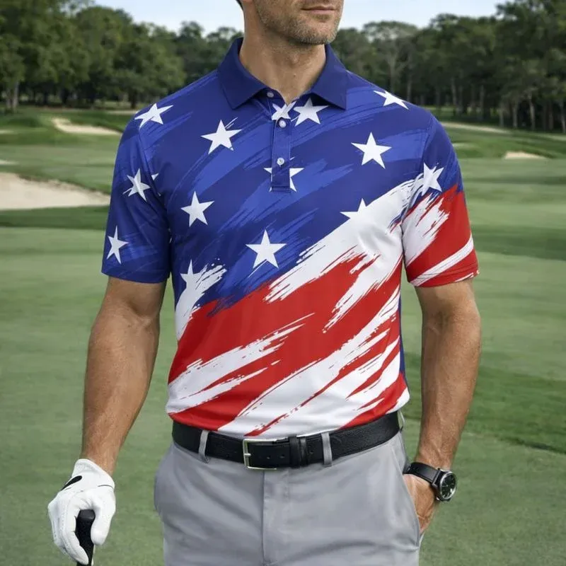 Men's USA Flag Patriotic Golf Polo Shirt | Moisture Wicking American Flag Performance Golf Apparel