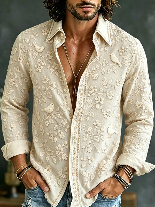 Men's Floral And Bird Print Long Sleeve Shirt