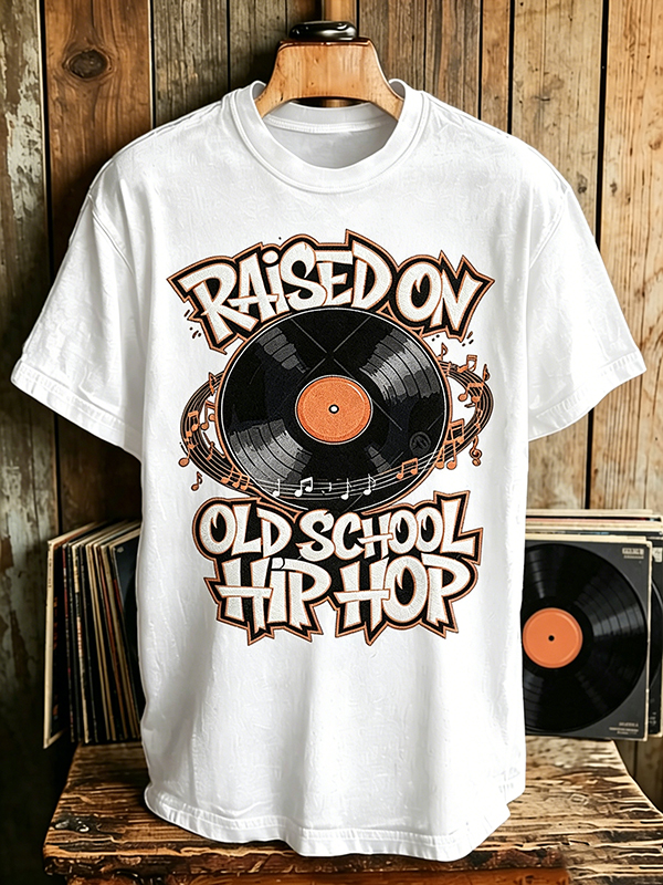 Men's Raised On Old School Hip Hop Vinyl Record Print Cotton Casual T-Shirt