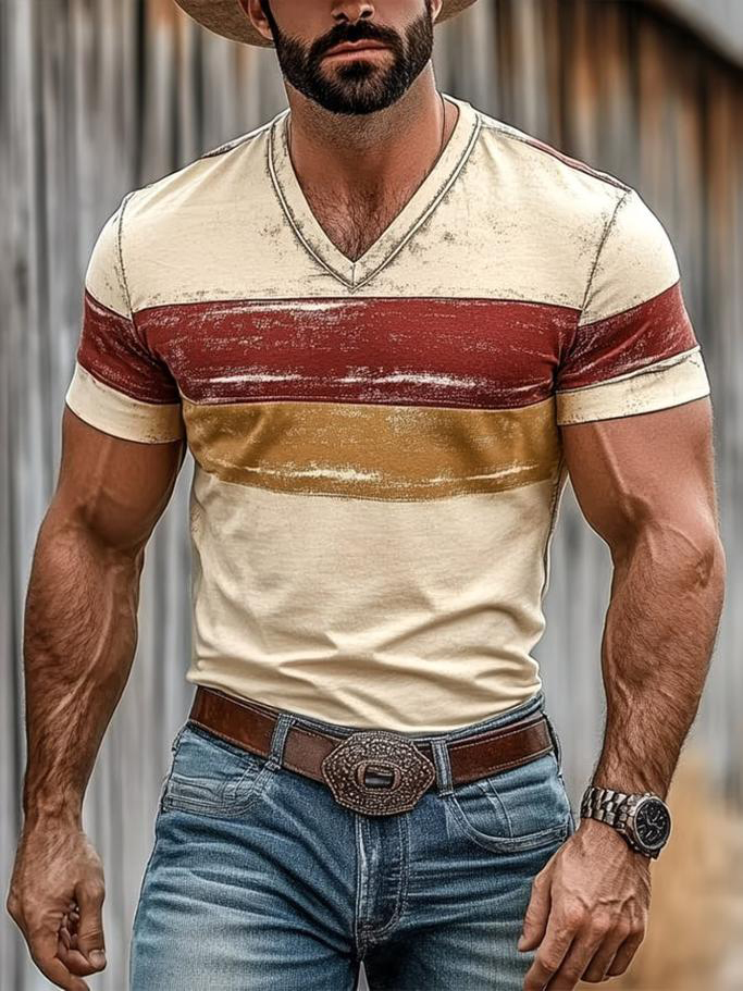 Men's Colorblock Geometric Printed Casual V Neck T-Shirt