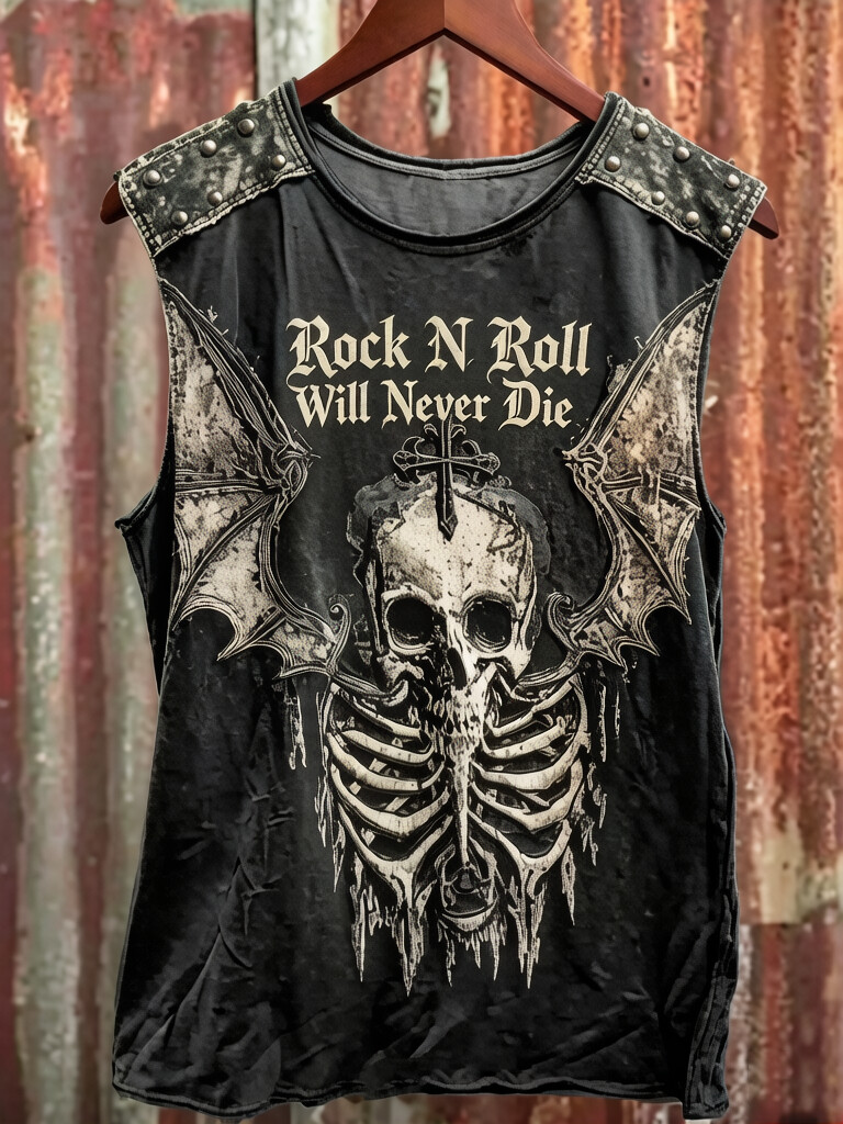 Men's Rock And Roll Will Never Die Gothic Art Winged Skull Print Tank Top