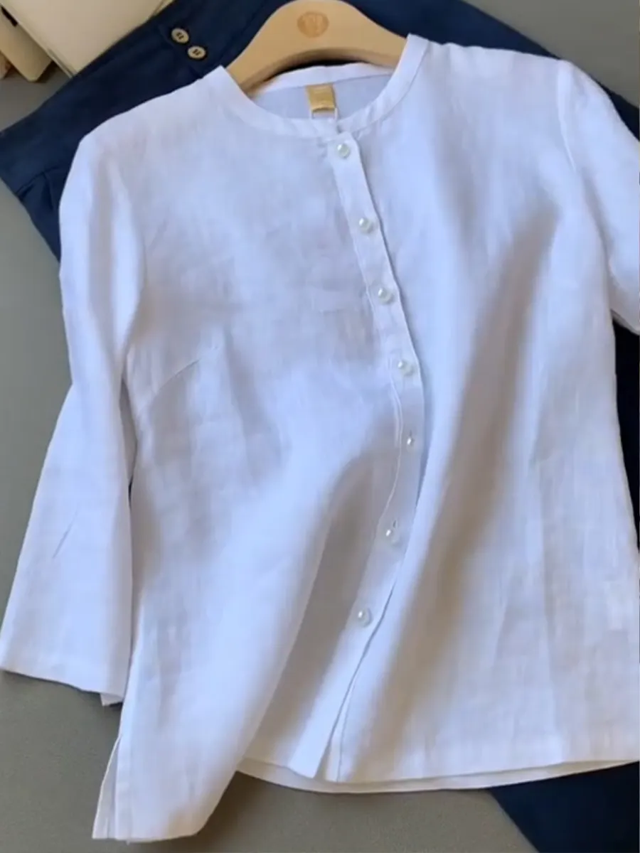 Women's Tencel Linen Stand Collar Pearl Button Shirt