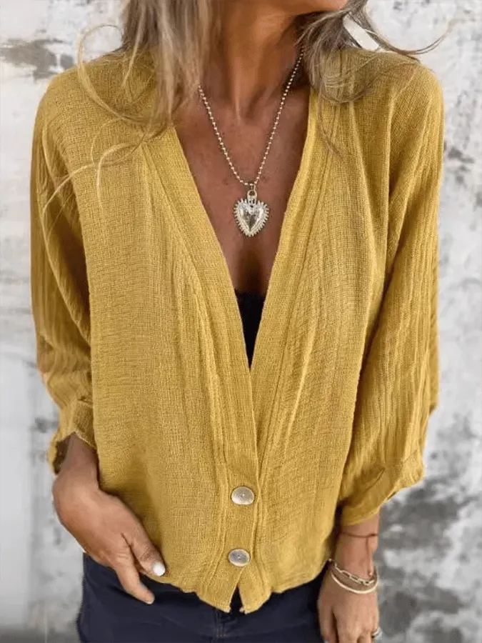 Women's Casual Loose V-Neck Button-Down Cotton And Linen Shirt