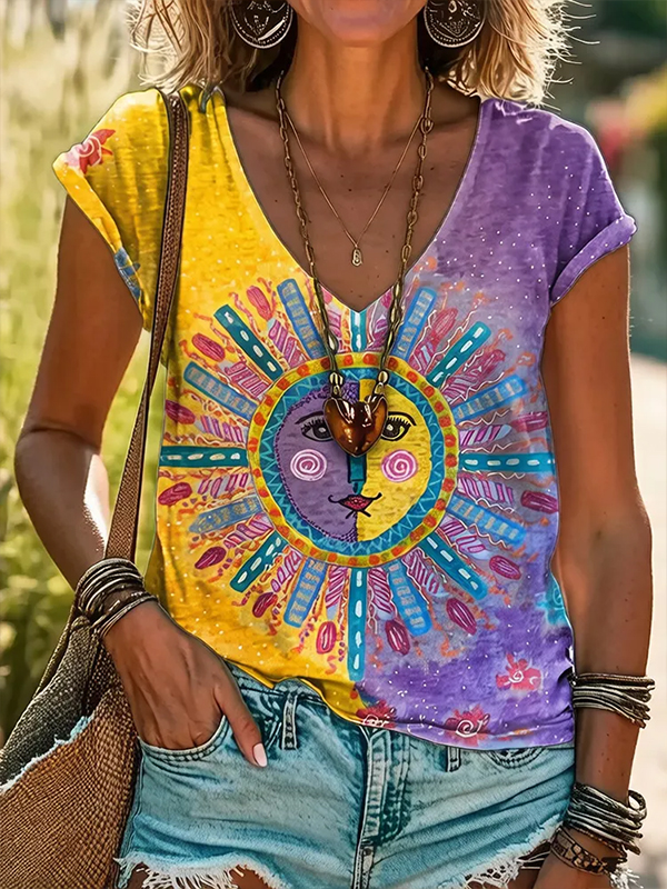 Women's Boho Sun Face Tie-Dye Colorblock Print Casual V Neck T-Shirt