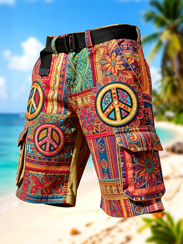 Men's Peace Sign Boho Flower Ethnic Pattern Print Cargo Shorts
