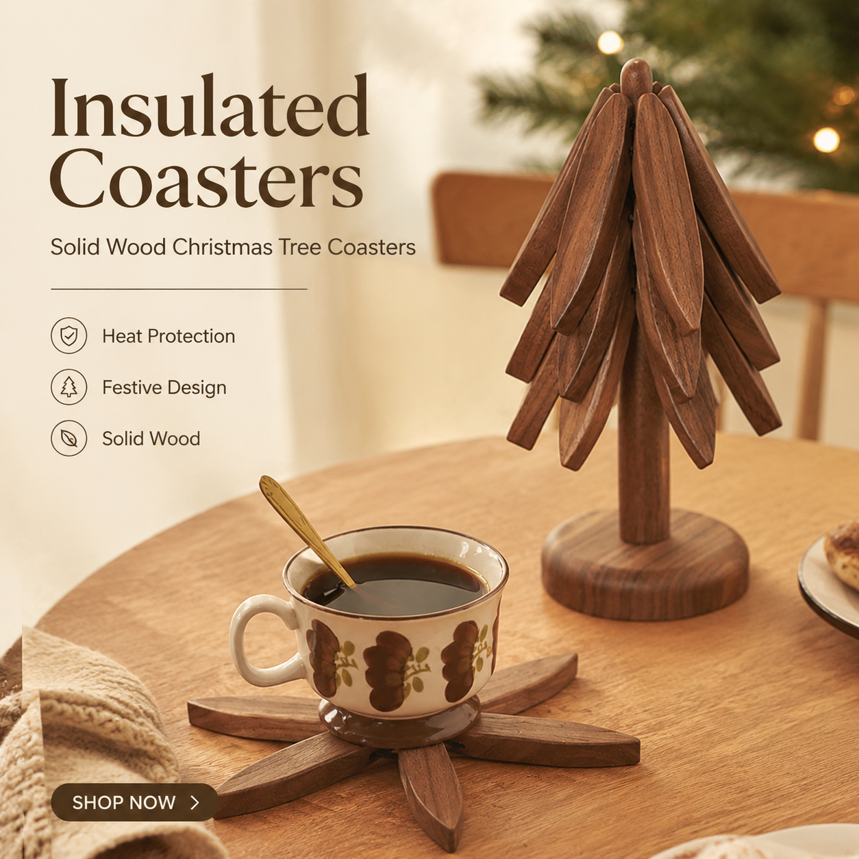 🧑‍🎄Insulated Coasters Solid Wood Christmas Tree Coasters