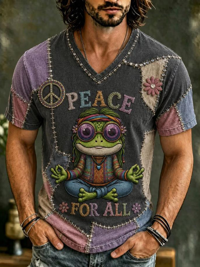 Men's Peace For All Hippie Meditation Frog Patchwork Print Casual V Neck T-Shirt