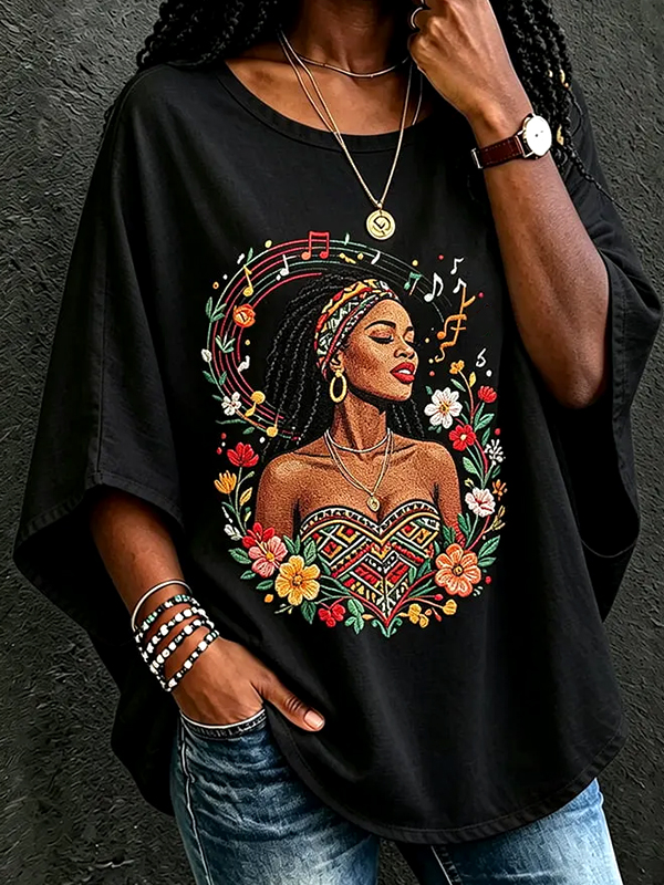Women's African Female Musical Notes Floral Print Long Sleeve T-Shirt