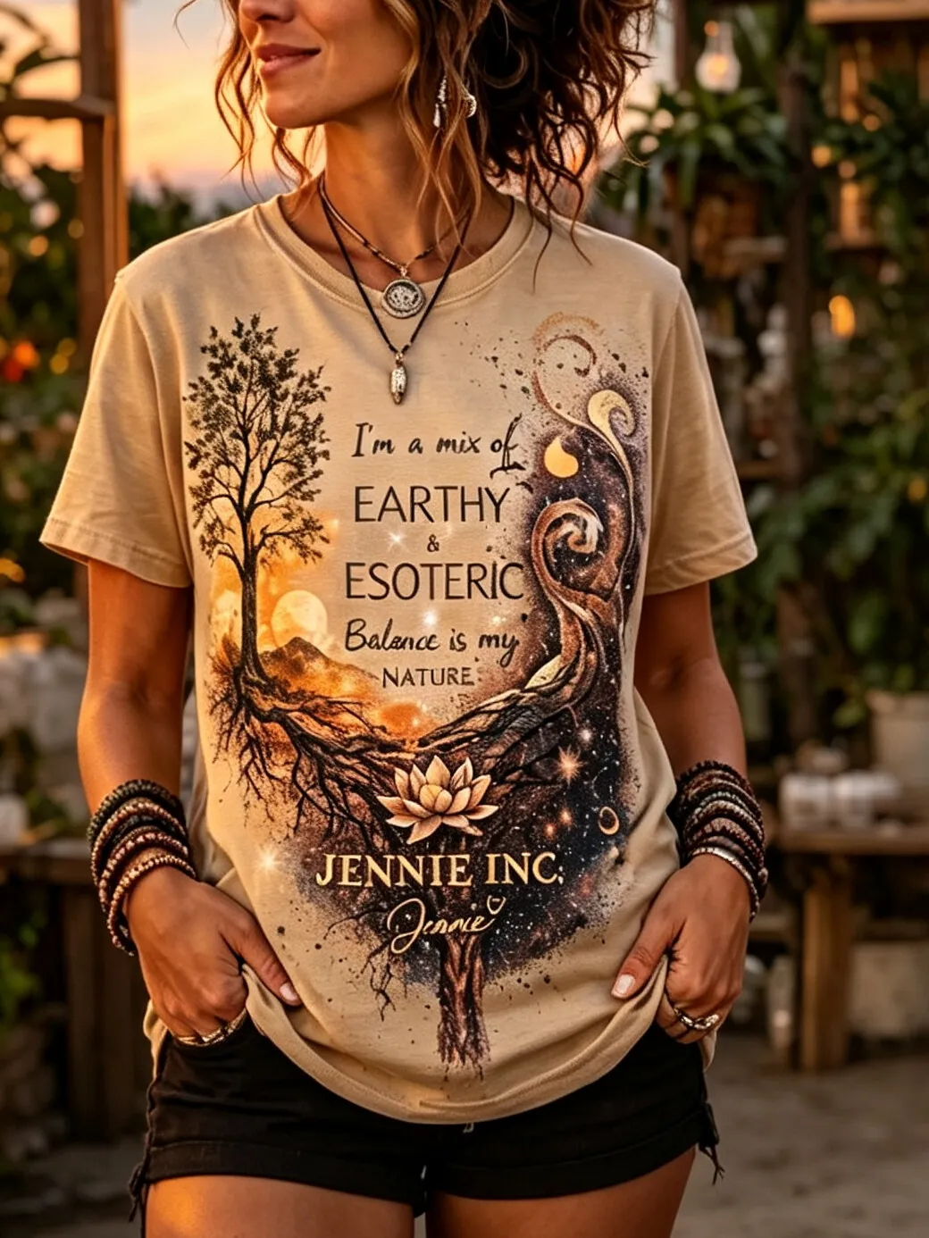 Women's Earthy and Esoteric Boho Spirit Lotus Flower Moon Phase Print Casual T-Shirt