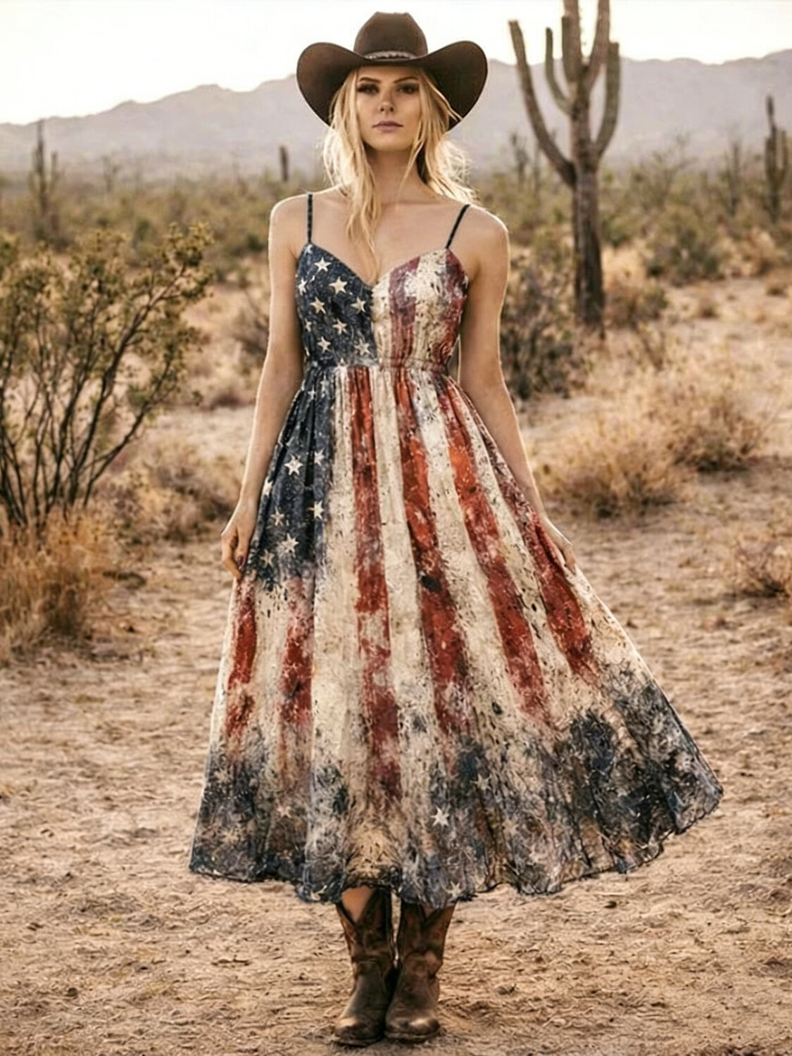 Women's Retro Star Stripe American Flag Print Cami Midi Dress