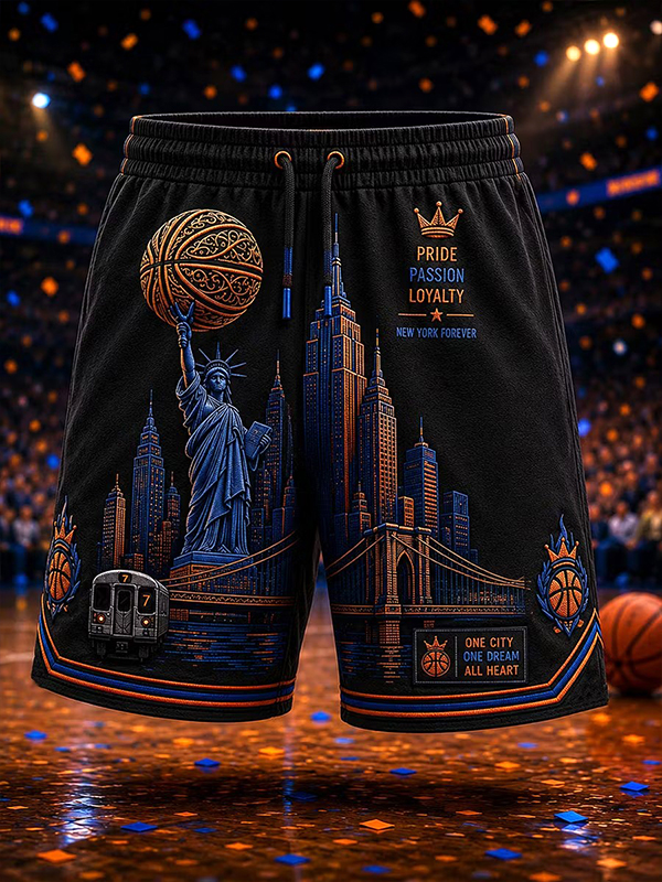 Men's NYC Skyline Basketball One City One Dream Statue Of Liberty Print Casual Shorts