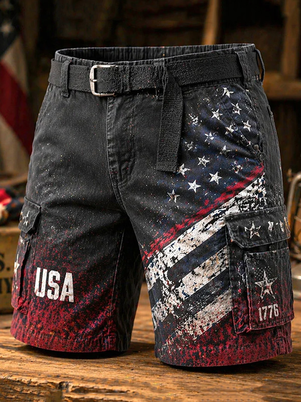 Men's USA 1776 Distressed American Flag Art Print Casual Shorts