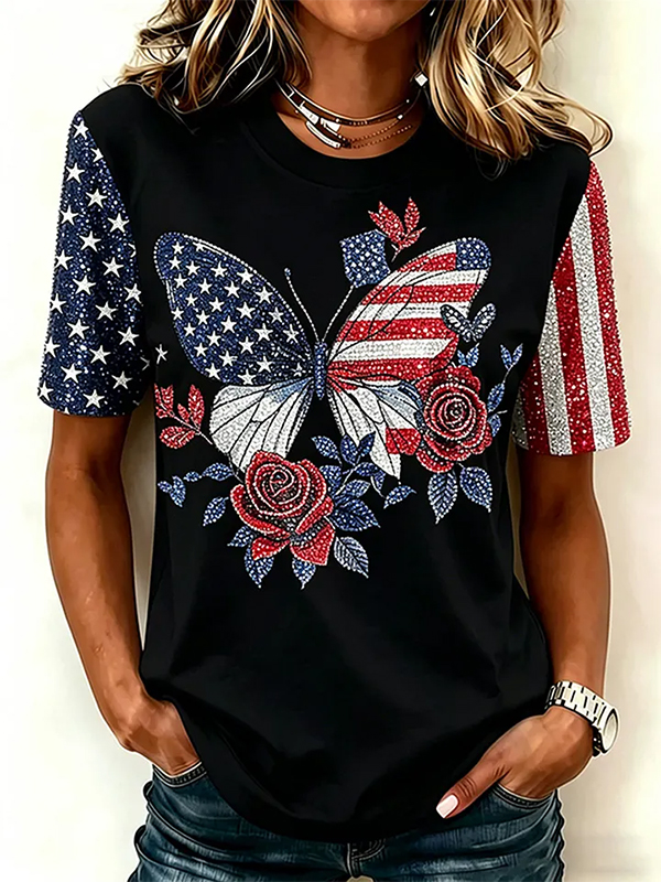 Women's Stars Stripes Butterfly Floral Graphic Print Casual T-Shirt