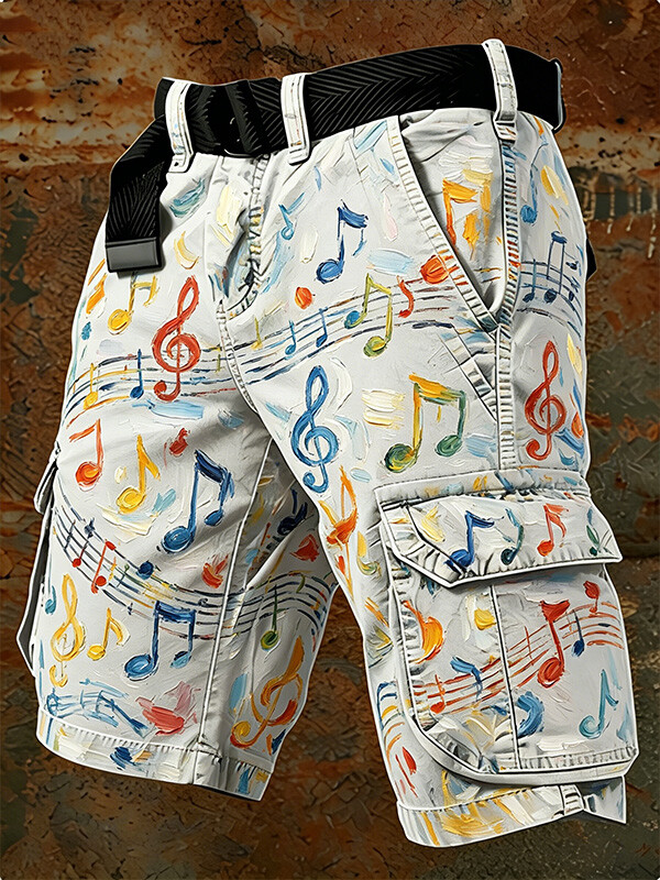 Men's Oil Painting Texture Musical Notes Print Denim-Like Cargo Shorts
