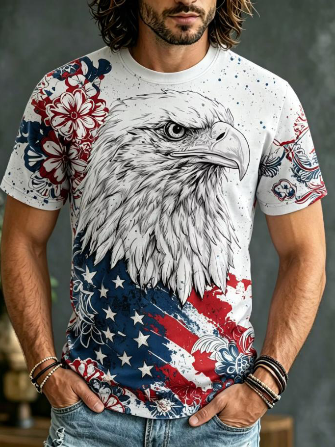 Men's Bald Eagle Floral Stars and Stripes Print Casual T-Shirt